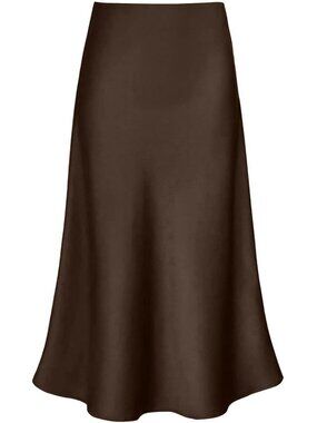 Women's Dark Brown Polyester Elastane Satin A Line Silk Long Skirt